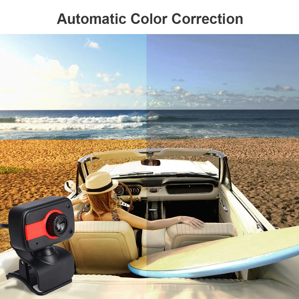 Blue, red, or white mini USB webcam on a stand with a 360-degree rotating head and manual focus adjustment.