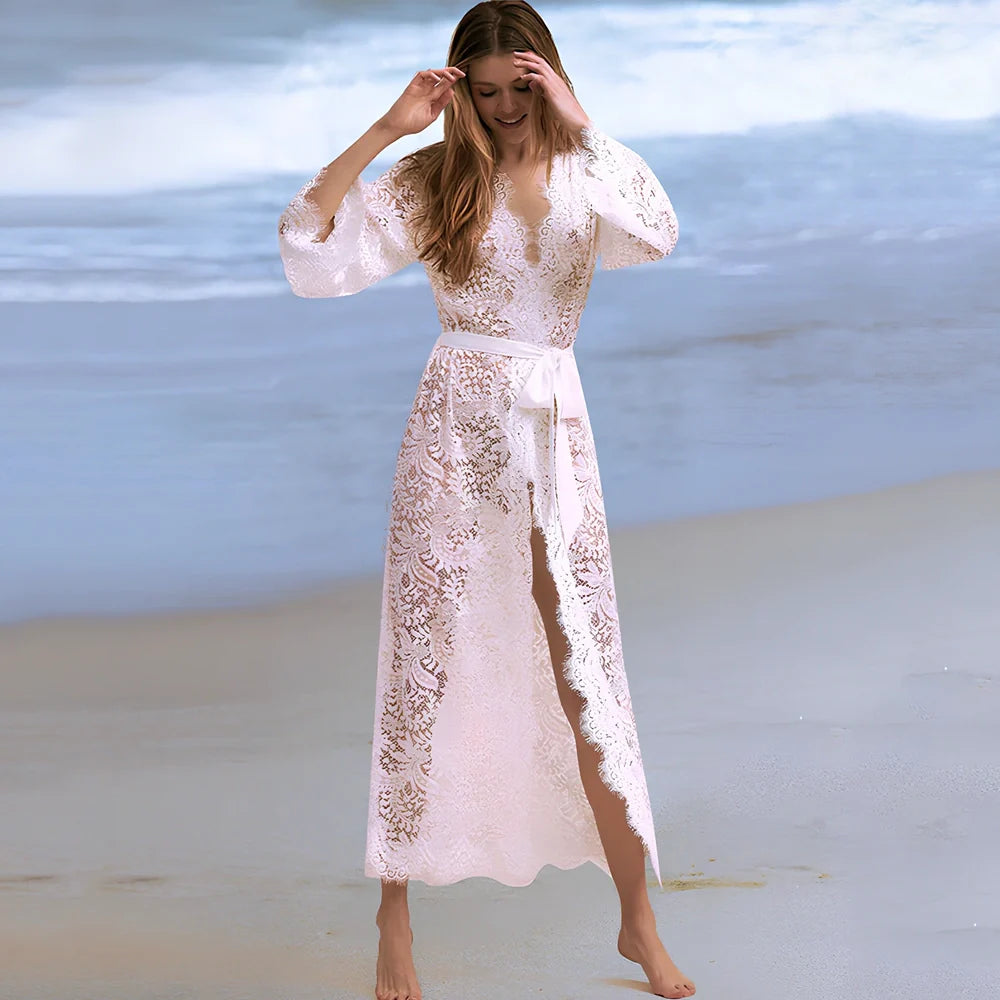 White lace bikini blouse with 130cm length and UPF 50+ sun protection for beach wear