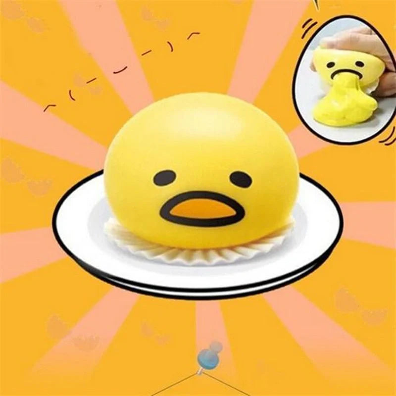 Gudetama Vomiting Egg Toy in green, orange, pink, and yellow for stress relief and fun