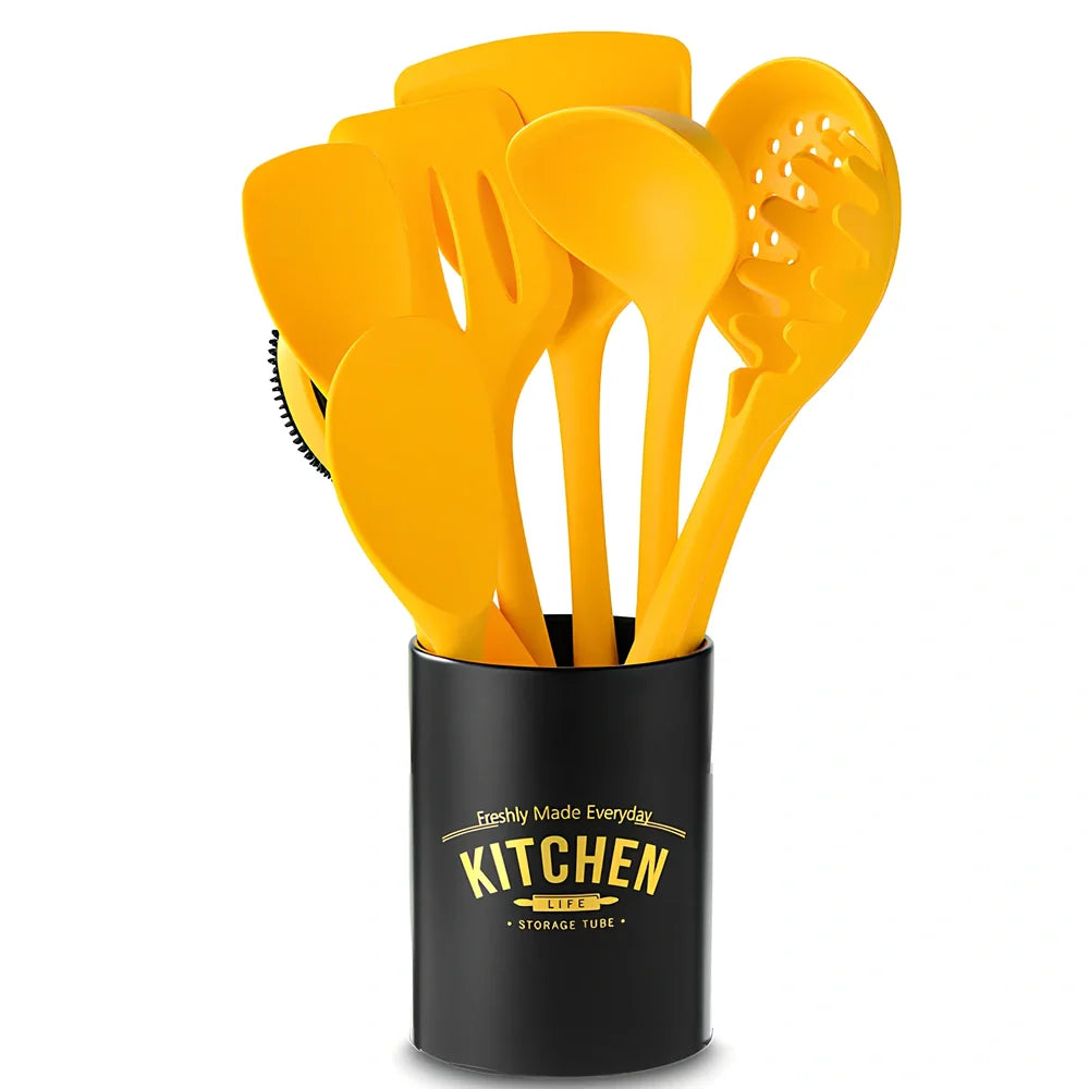 Yellow nonstick silicone nylon cooking spoon spatula, 28cm long with 8cm head for kitchen stirring and flipping