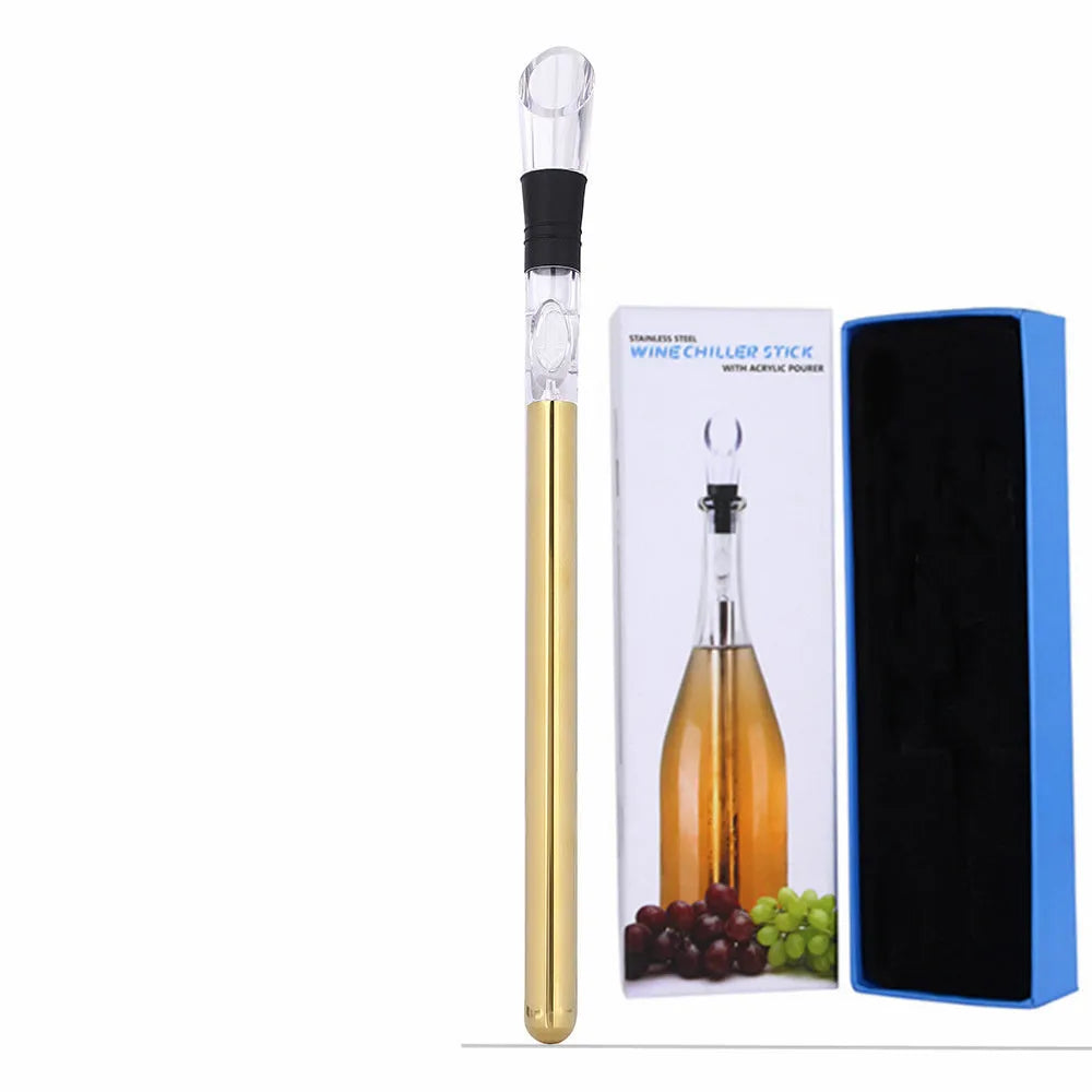 Stainless steel wine chilling rod with acrylic aerator pourer for cooling bottles from inside