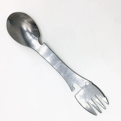 Silver stainless steel camping multitool with fork, spoon, serrated cutter, can opener, bottle opener, and keychain hole