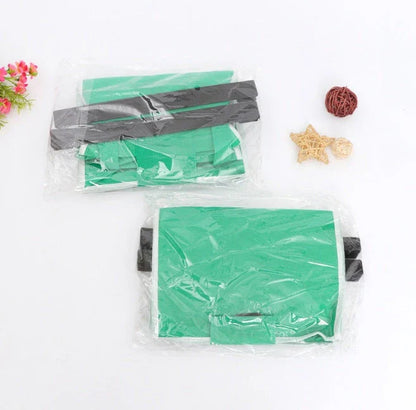 Foldable reusable grocery tote bag in green color, featuring durable construction, generous pockets, and a fold-flat design for easy storage