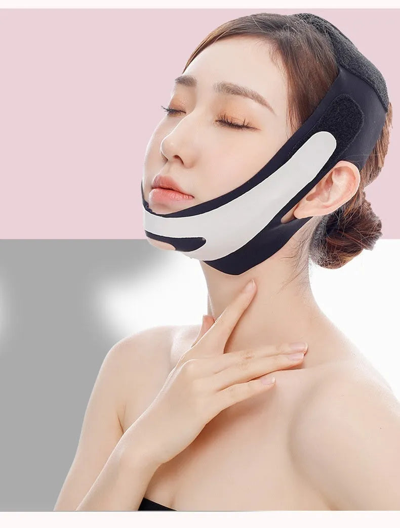 Pink and black elastic V-shaped face bandage for facial contouring and skin toning.