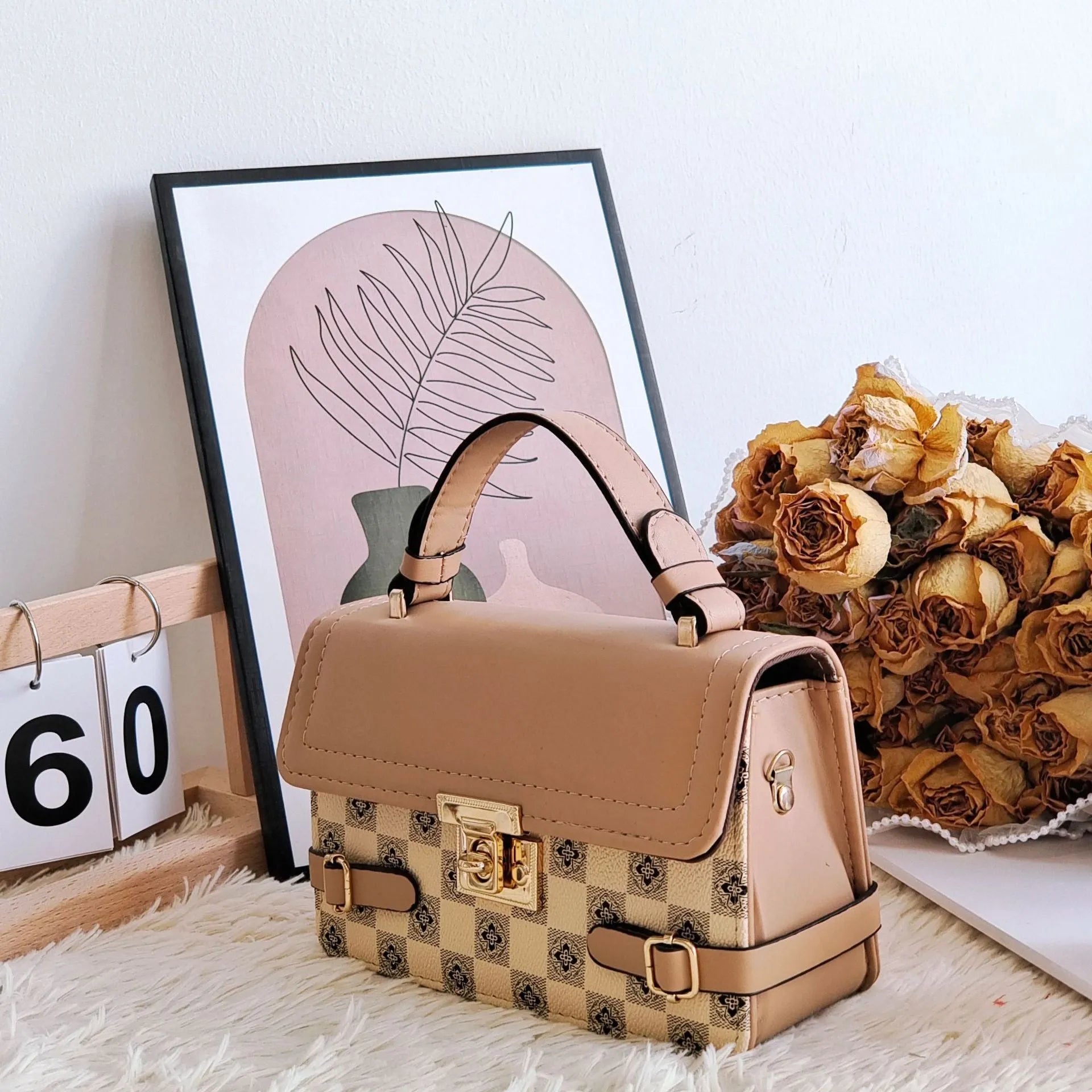 Retro square pattern crossbody bag in apricot colour showing 19.5x7.5x12cm dimensions and adjustable shoulder strap