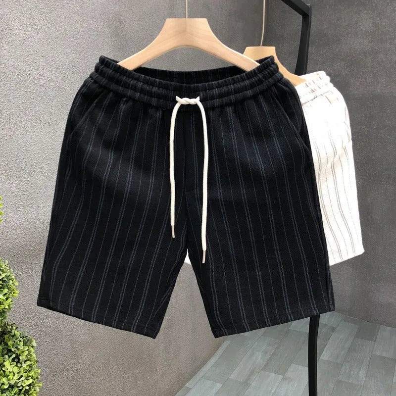 Men's black and white striped casual shorts with fleece lining, straight-leg cut, and ankle banding, shown in size M with waist 51cm