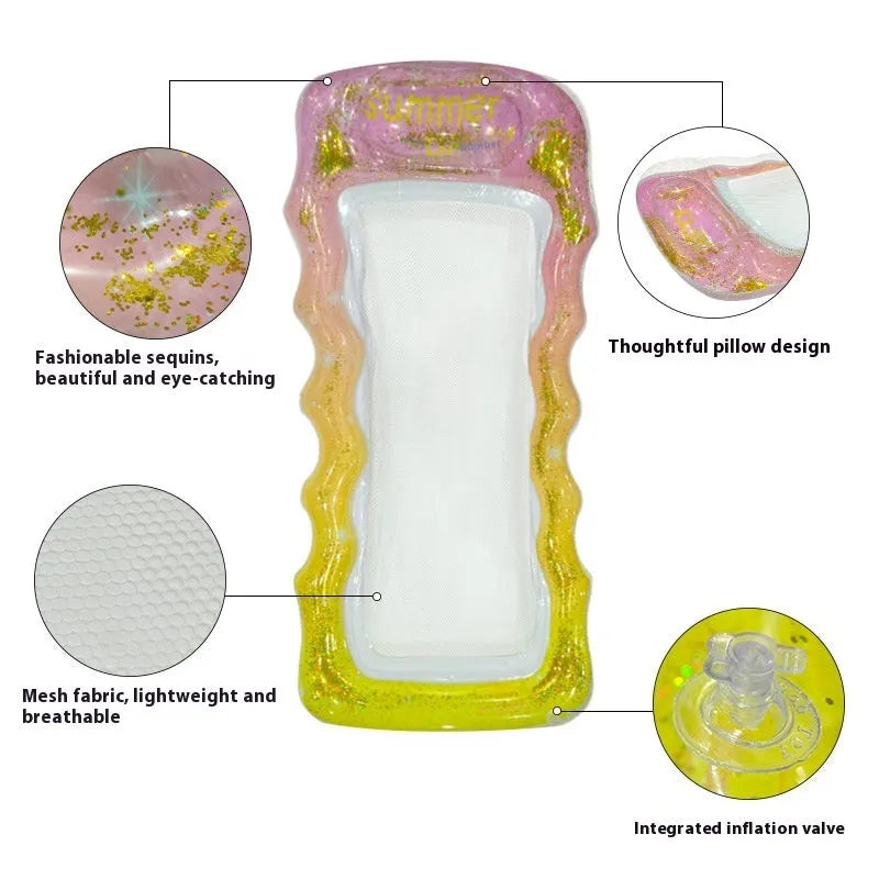 PVC inflatable pool floating row with sequins and mesh deck on blue water