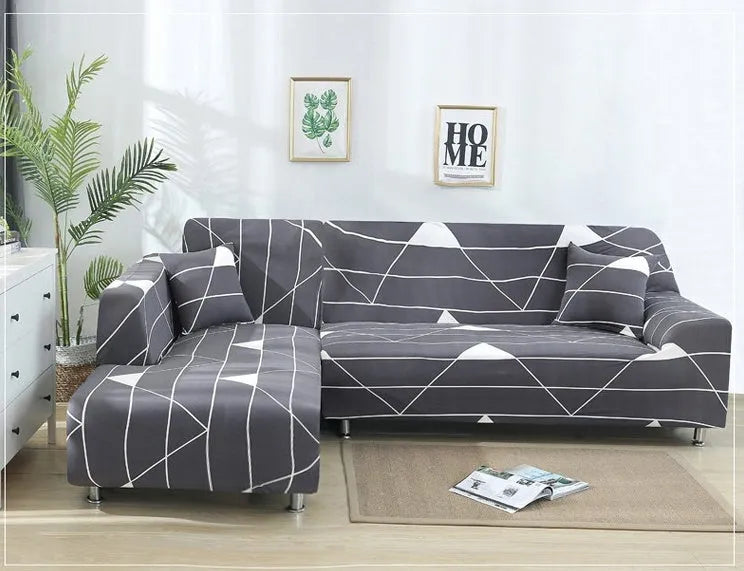 L shaped stretch sofa cover in high-density cloth with pillowcase, shown fitted to a sectional sofa