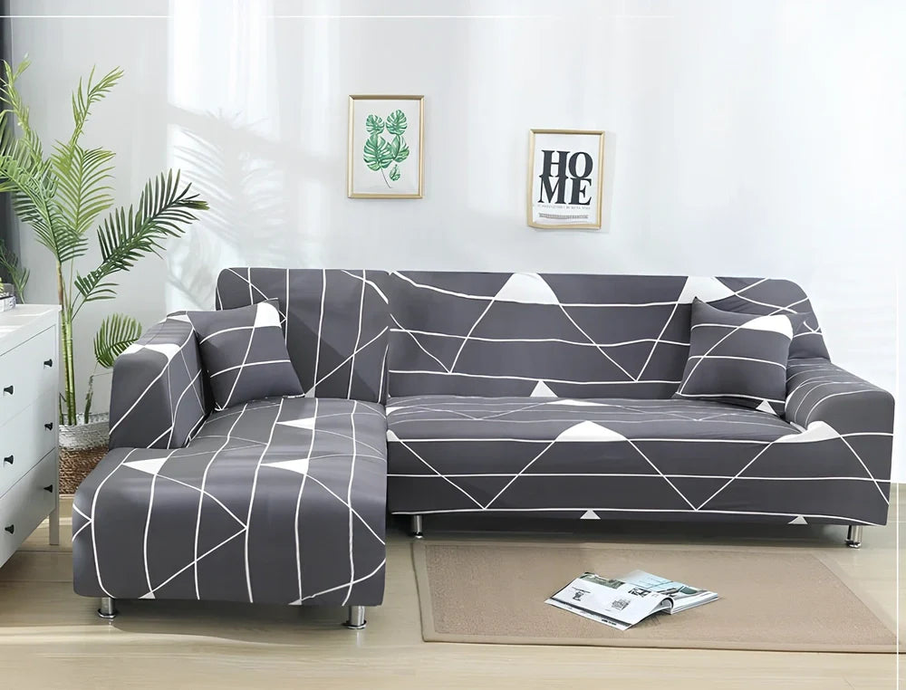 L-shaped stretch sofa cover with elastic fabric and sponge strips on grey sectional sofa