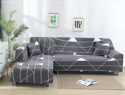L-shaped stretch sofa cover with elastic fabric and sponge strips on grey sectional sofa