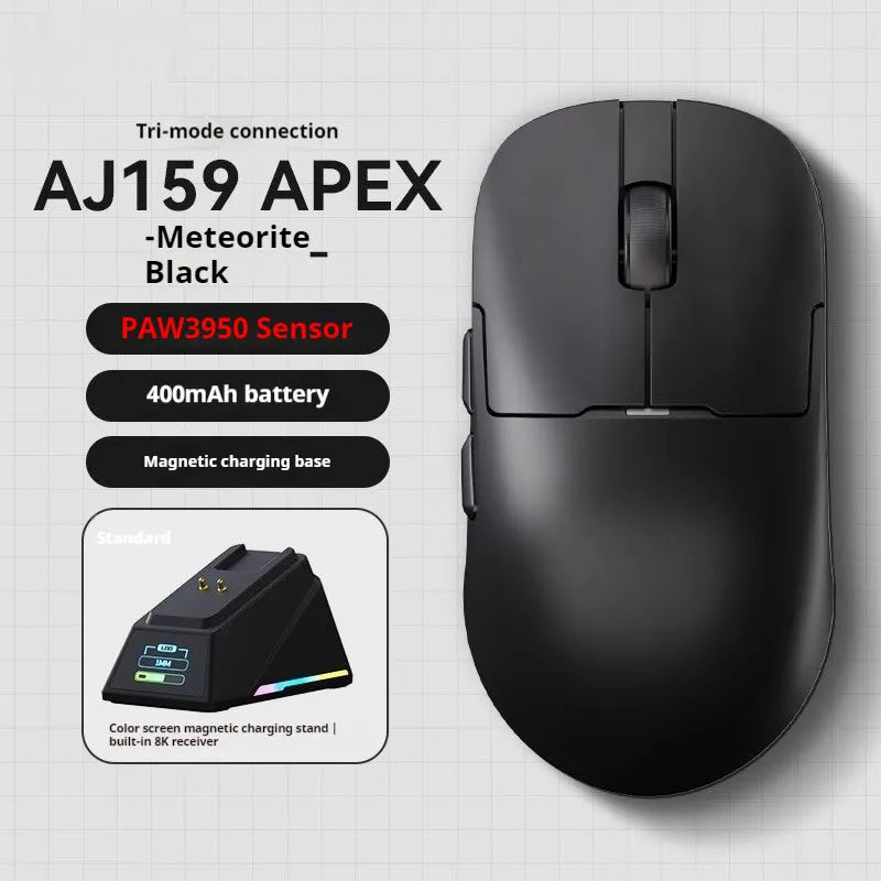 AJ159 gaming mouse in various colours showing its compact shape and Teflon foot pads.
