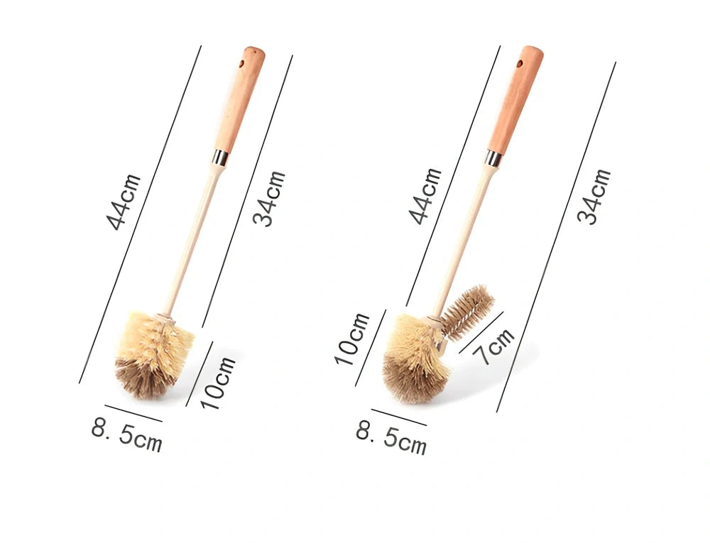 Wooden toilet brush with 360 degree bristles and natural beech handle for bathroom cleaning