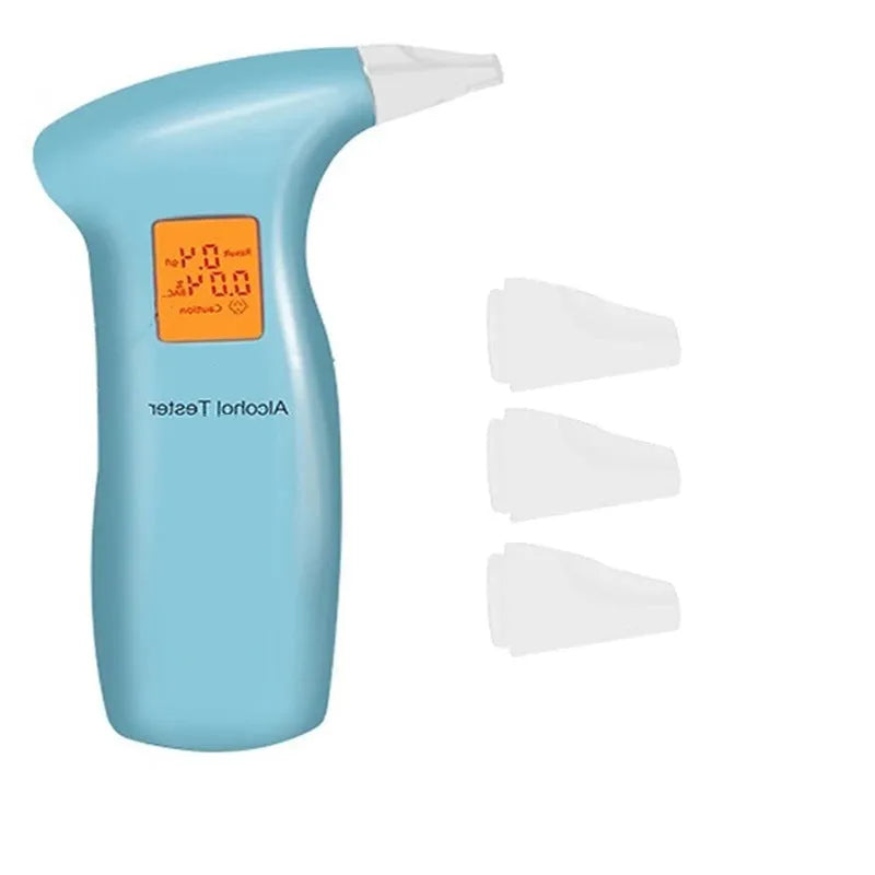 Portable orange light breath alcohol tester with replaceable mouthpieces in compact case