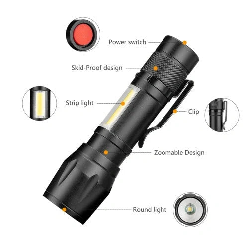 Black mini telescopic LED flashlight showing adjustable focus and pen-like design with clip attachment