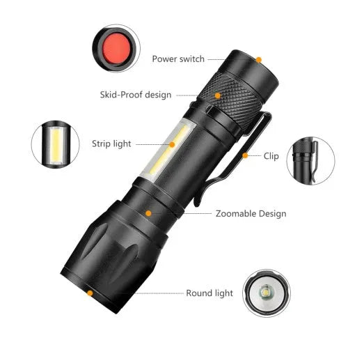 LED flashlight mini telescopic aluminium alloy COB glare adjustable focus torch with clip for daily carry camping hiking cycling