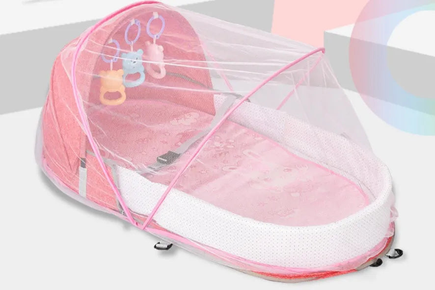 Portable foldable baby bed with mosquito net, cotton linen fabric, unfolded 88x45x12.5cm
