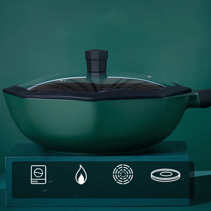 Green star anise wok pan with 30cm diameter cooking surface and 9cm depth side walls