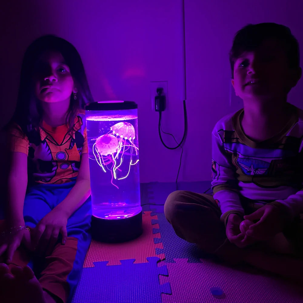 LED jellyfish aquarium lamp showing volcanic bubble effect with colour-changing lighting in black finish