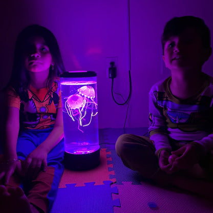 LED jellyfish aquarium lamp showing volcanic bubble effect with colour-changing lighting in black finish