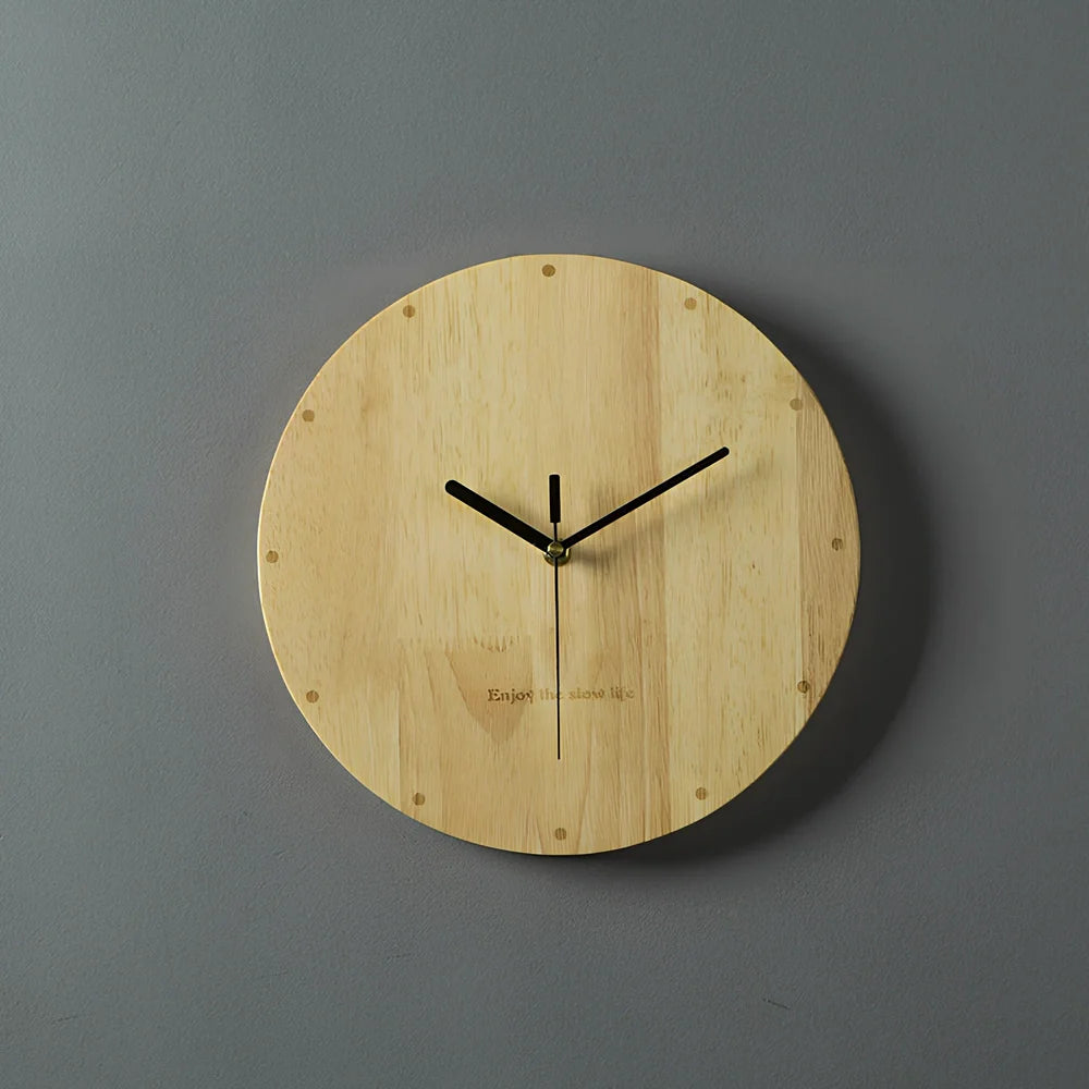 Wooden wall clock with 30cm diameter dial and natural wood grain