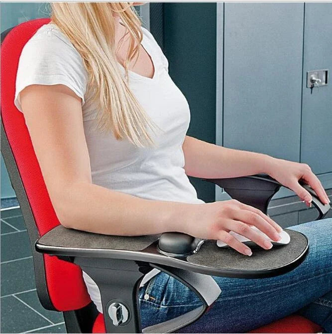 Ergonomic computer arm rest mouse pad with adjustable straps, memory foam wrist rest, and sturdy ABS plastic construction for comfortable and productive computing