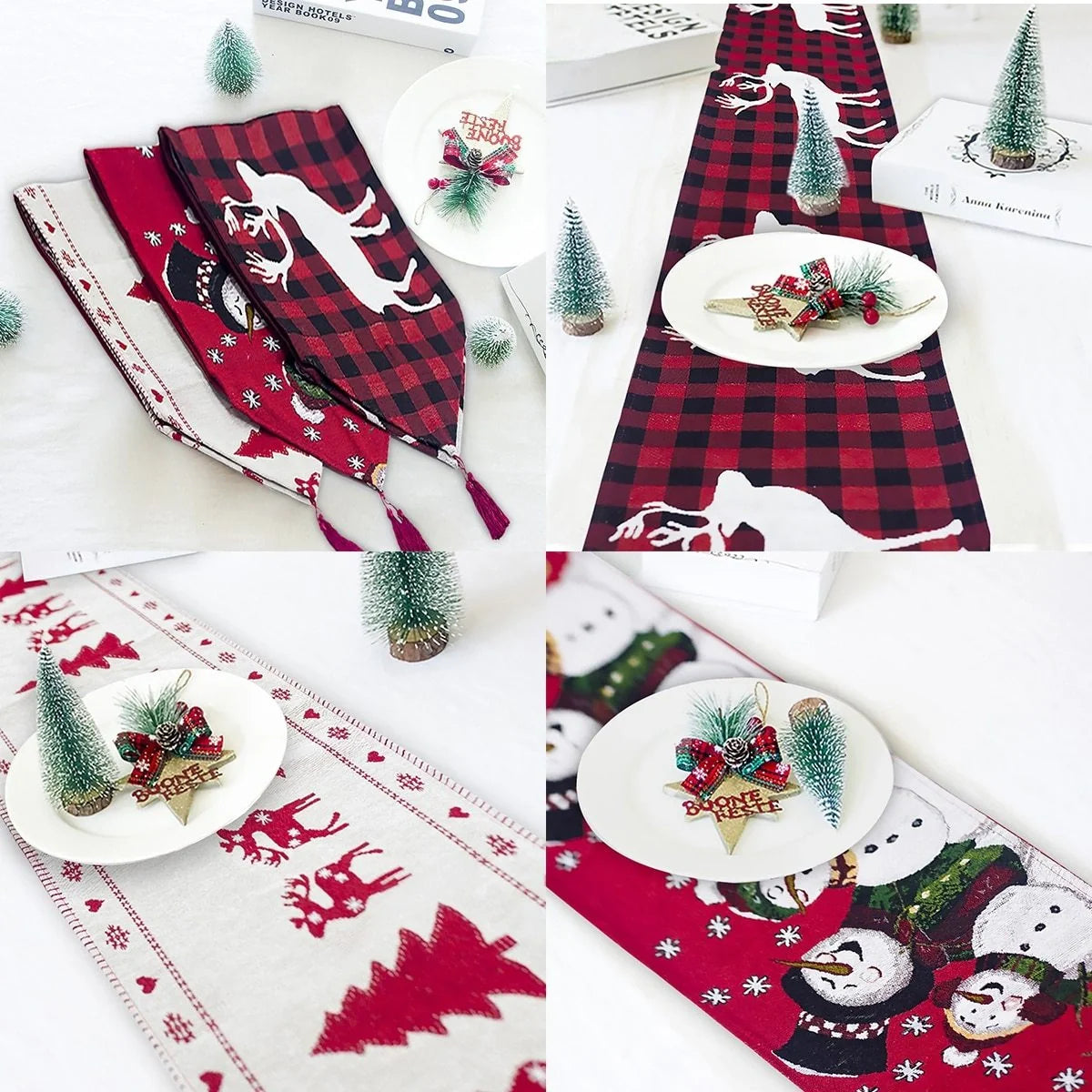 Christmas Elk Snowman Table Runner with festive design for holiday decor