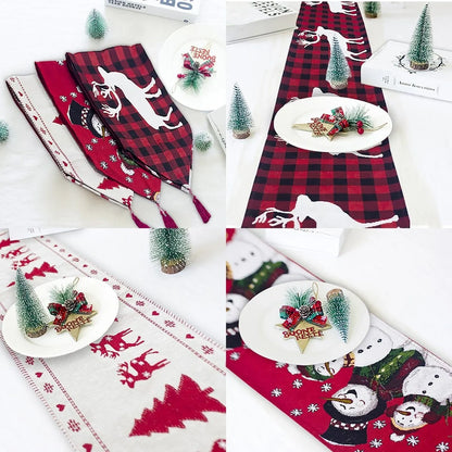 Christmas Elk Snowman Table Runner with festive design for holiday decor