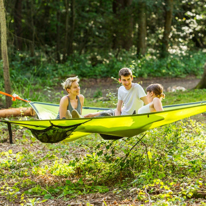 Spacious multi-person hammock with 3-point suspension system, ideal for outdoor adventures and backyard relaxation.