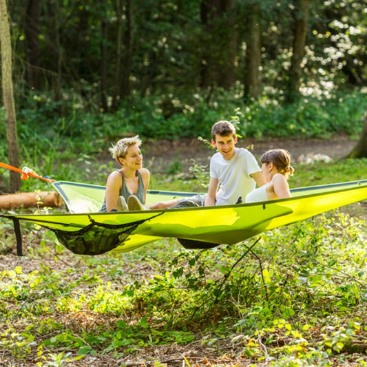 Spacious multi-person hammock with 3-point suspension system, ideal for outdoor adventures and backyard relaxation.