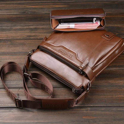 Men's soft messenger shoulder bag with zip closure and polyester lining in black, brown, or khaki