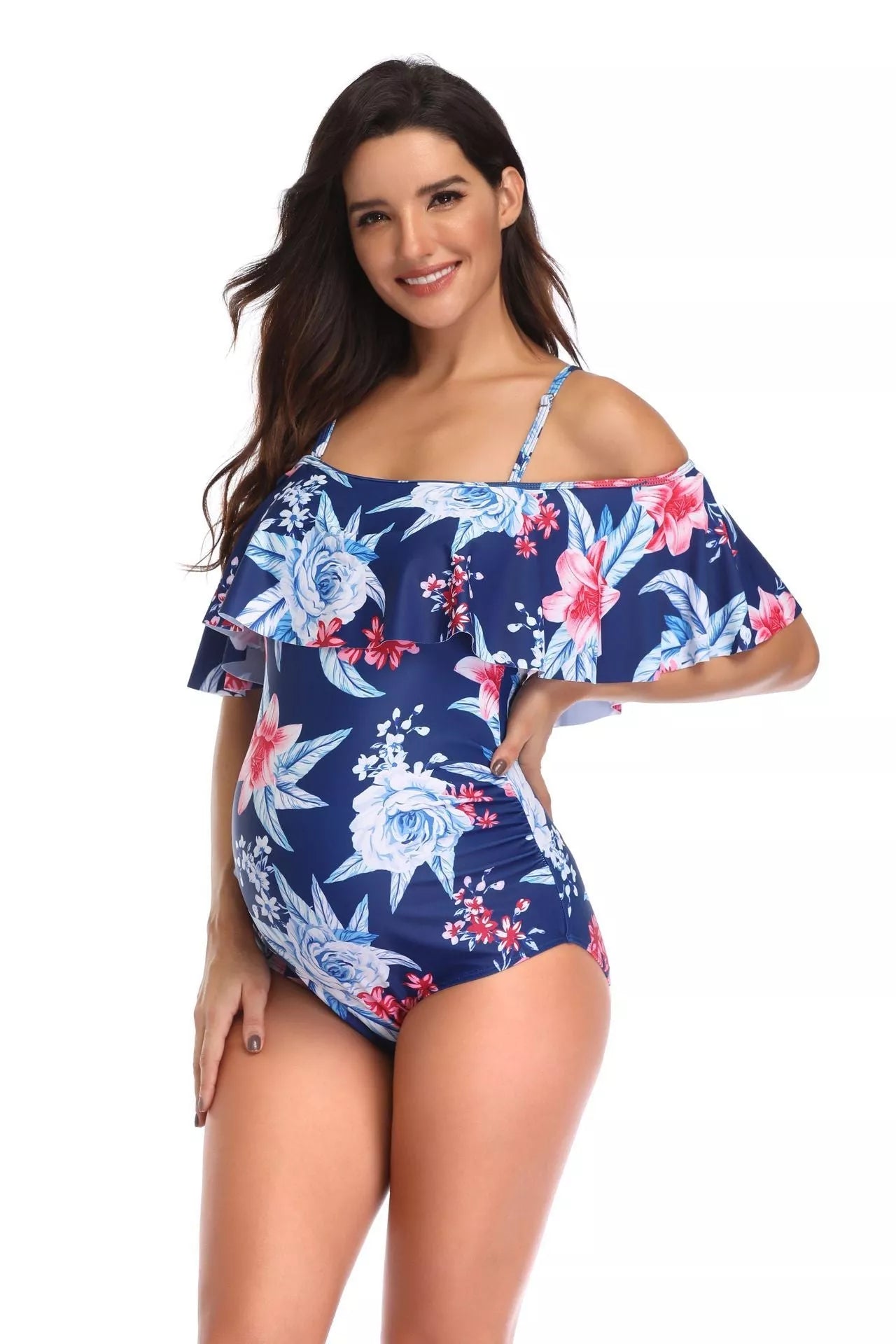 Blue printed maternity swimsuit with stretch polyester fabric for expectant mothers