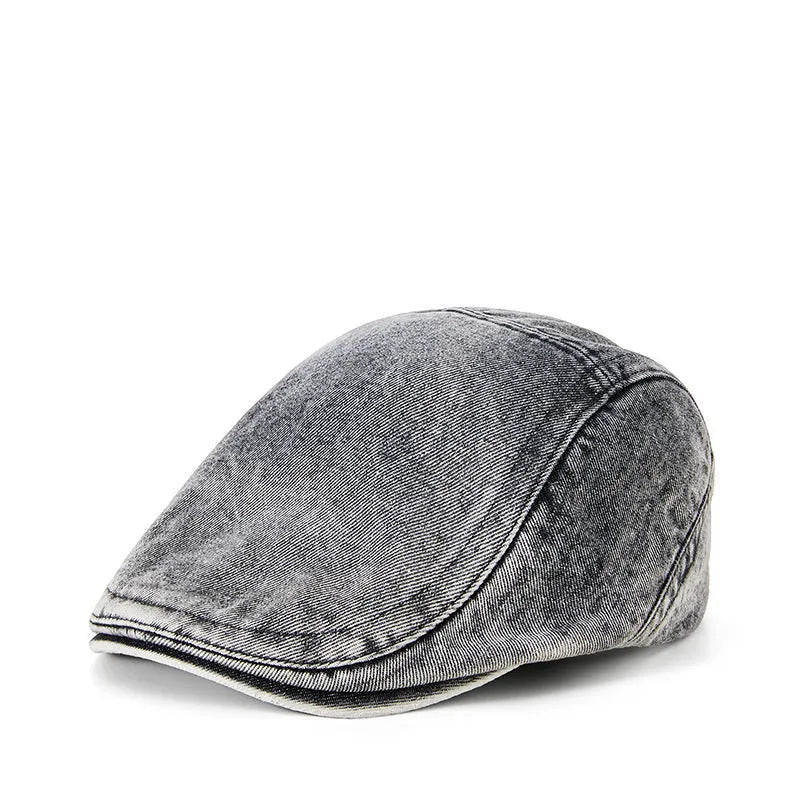 Men's denim baseball cap with flat crown in Korean style, shown in multiple colour options
