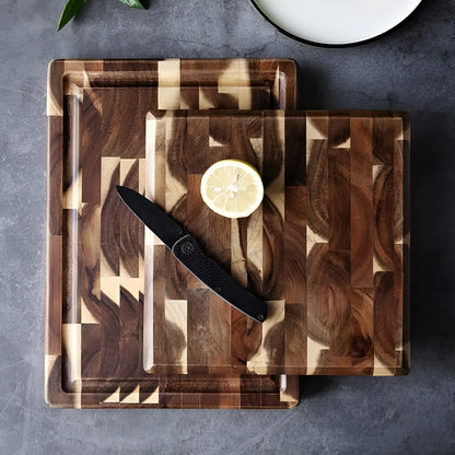 Brown solid acacia wood cutting board with 3cm thick edge, shown in large and small size options.