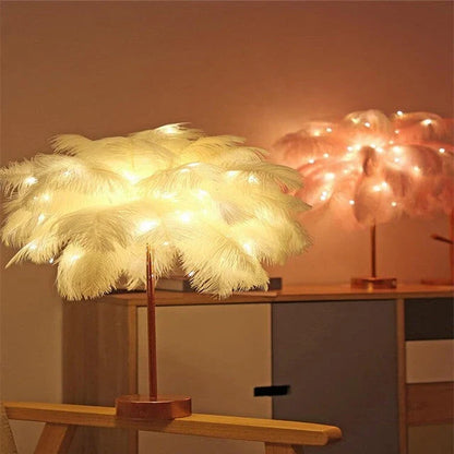 Chic Feather Lamp with soft, glowing light and fluffy feather design for elegant tabletop decor