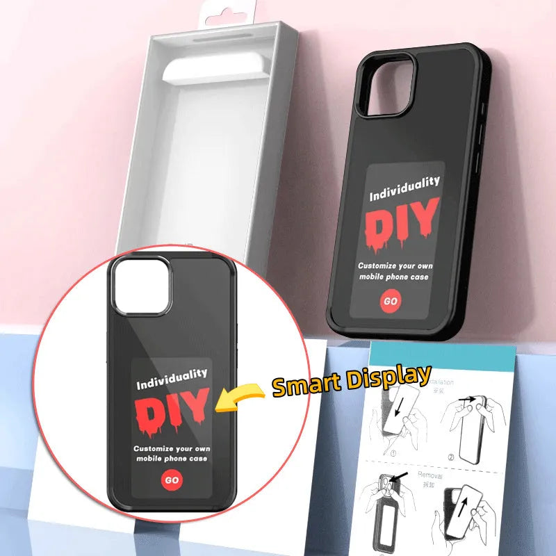 E-ink screen NFC phone case for iPhone with mirror, TPU cover, available in black grey white blue or pink.