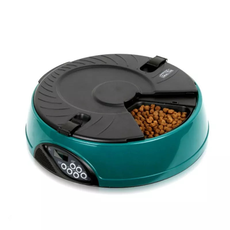 Automatic pet feeder with 6 food storage slots and voice recording feature