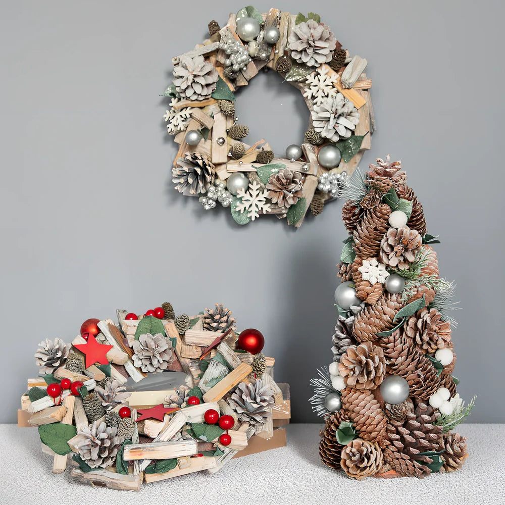 Nordic Porvoo Christmas wreath collection showing five decorative pieces with dimensions from 18×40cm to 34×34×8cm