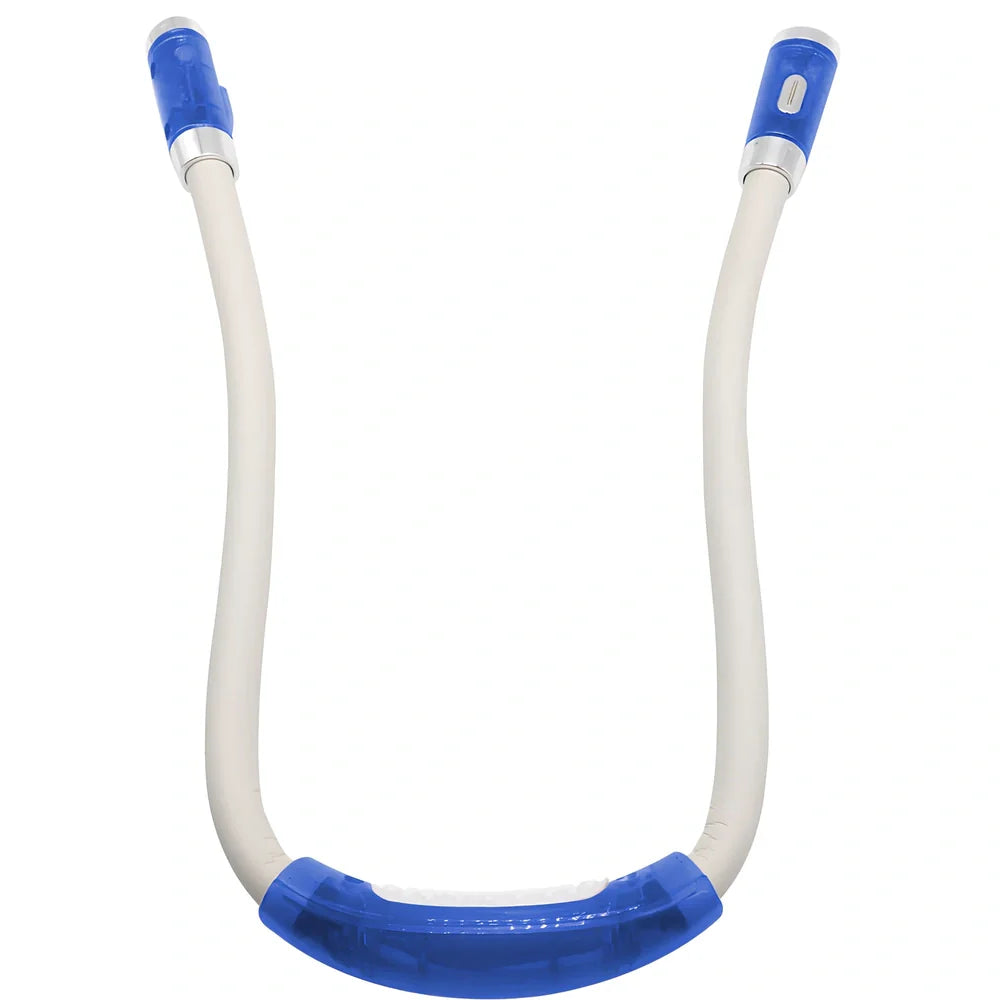 Flexible neck book light with U-shaped design showing adjustable LED reading lamp in use