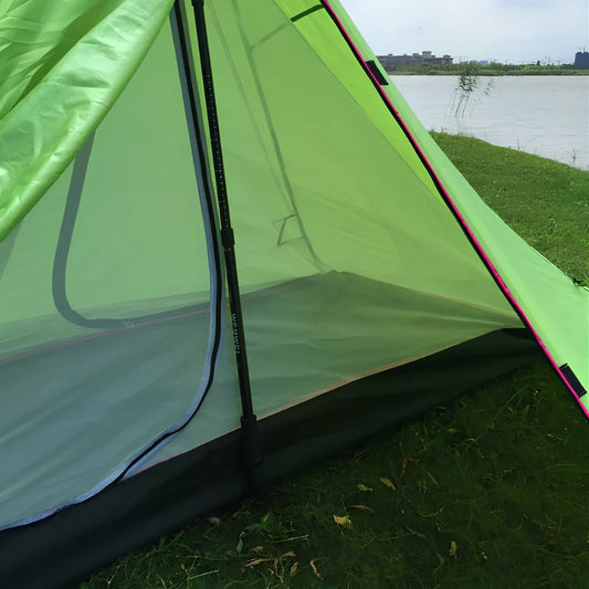 Poleless gold-shaped camping tent with double-layer construction and 270x160x130cm dimensions