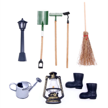 Miniature alloy gardening tools set for dollhouse elf garden scene, 3-piece accessory kit