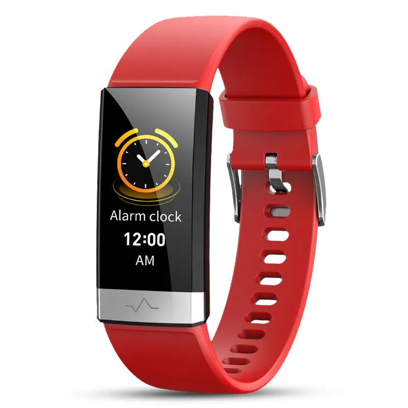 V19 smart health tracker in black on a wrist, showing colour display with heart rate and SpO2 data.