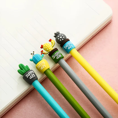 Potted cactus gel pen with silicone pot base, 0.5mm refill, approximately 18.5cm long, shown in Blue or Green.