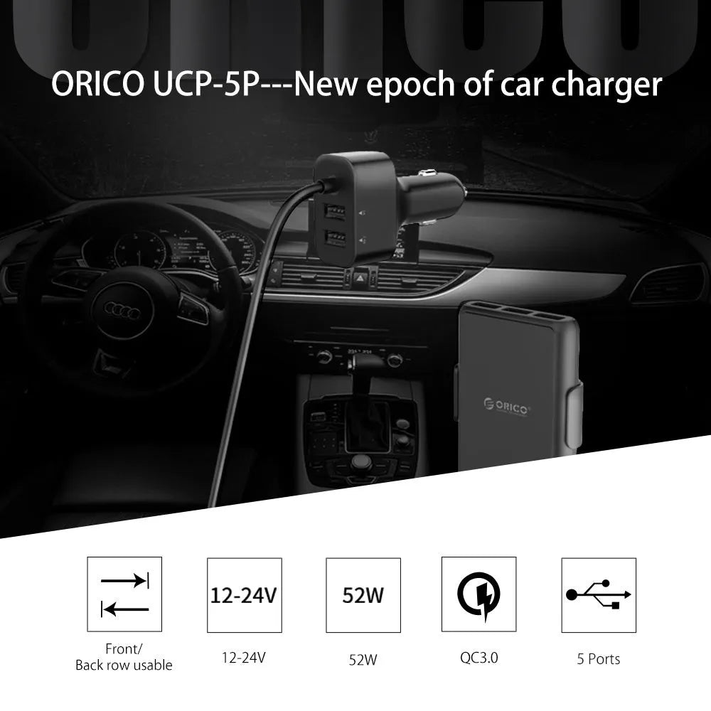 ORICO black 5-port car charger with QC3.0 and 1.8m cord for 12V/24V cigarette lighter sockets