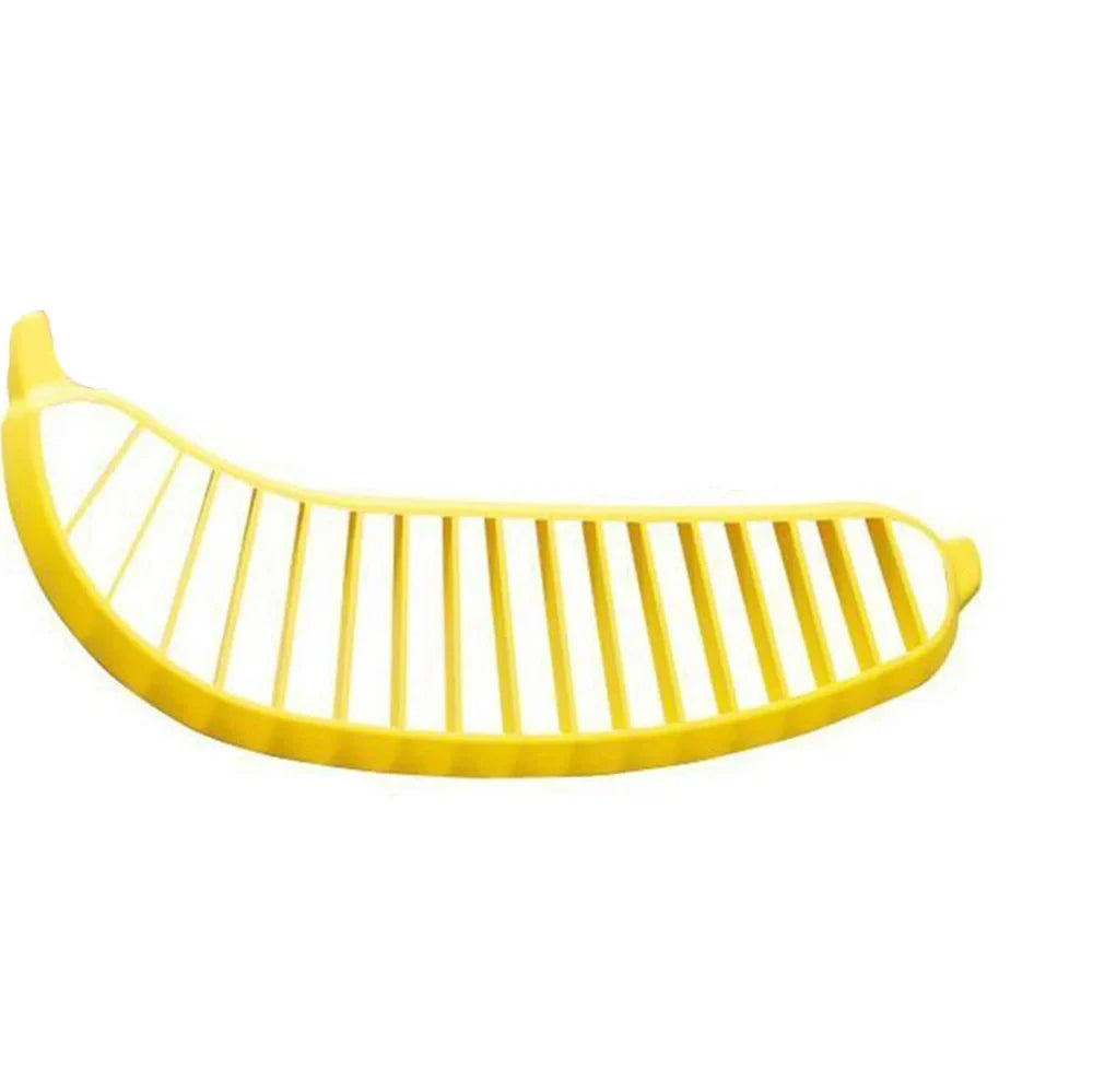 Yellow food grade PP banana cutter, 25 cm long, slices entire fruit in one quick motion for easy kitchen prep