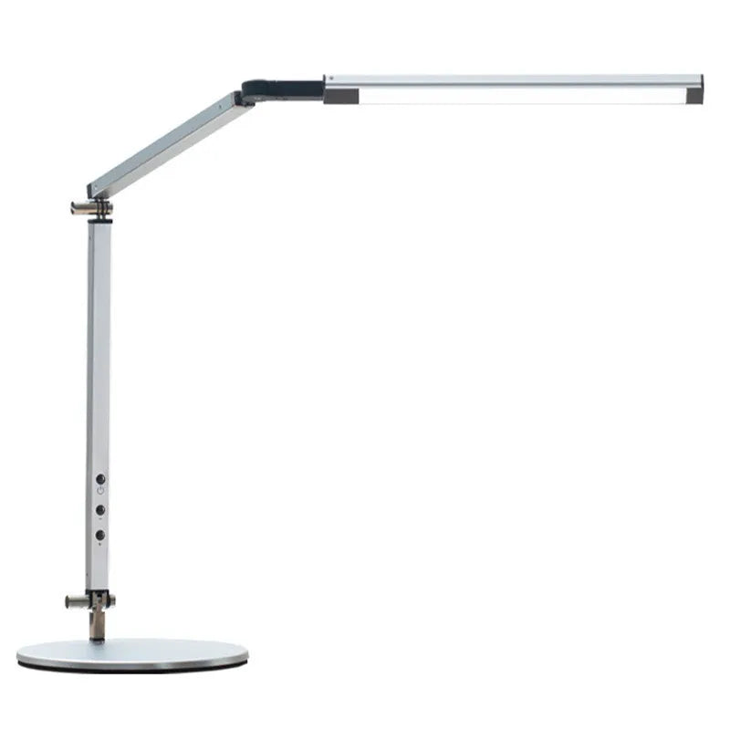 Clip-on adjustable arm LED desk lamp in black mounted on a desk edge with remote control.