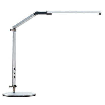 Clip-on adjustable arm LED desk lamp in black mounted on a desk edge with remote control.