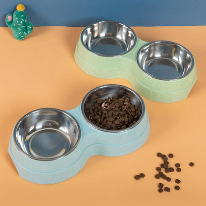 Double pet bowl with stainless steel insert and straw base in blue, showing separate food and water compartments