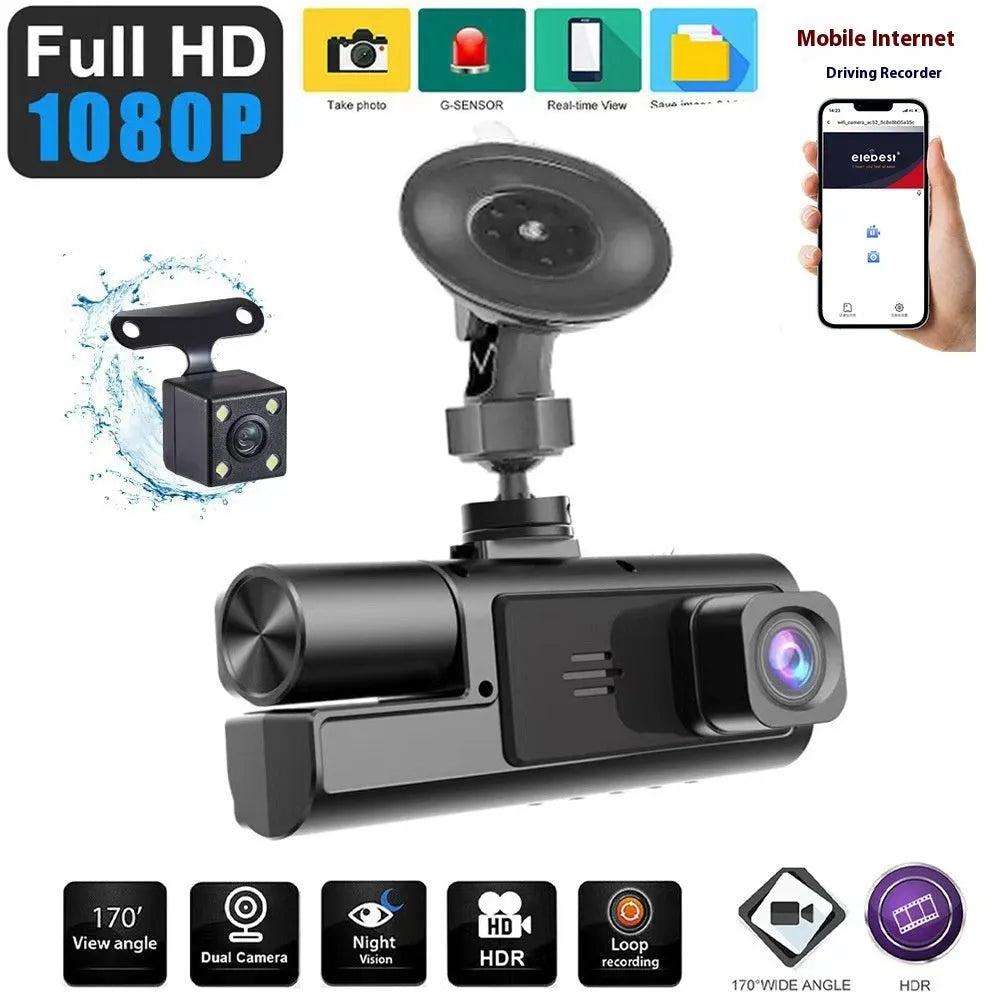 Dual-lens HD driving recorder with 3.5-inch screen showing vehicle footage