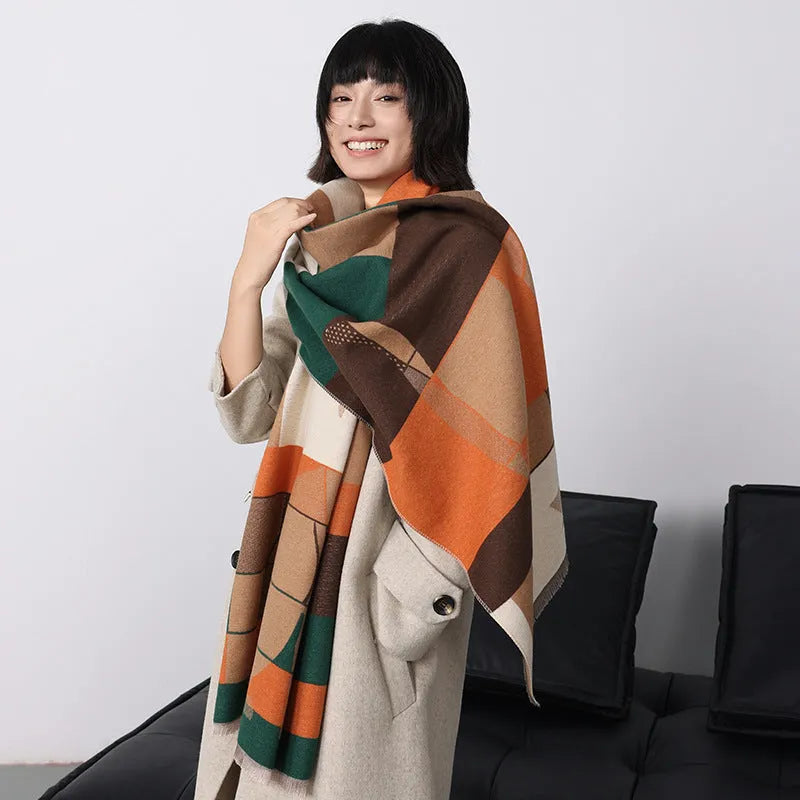 Imitation cashmere scarf in European American style showing 185x65cm dimensions and available colour options