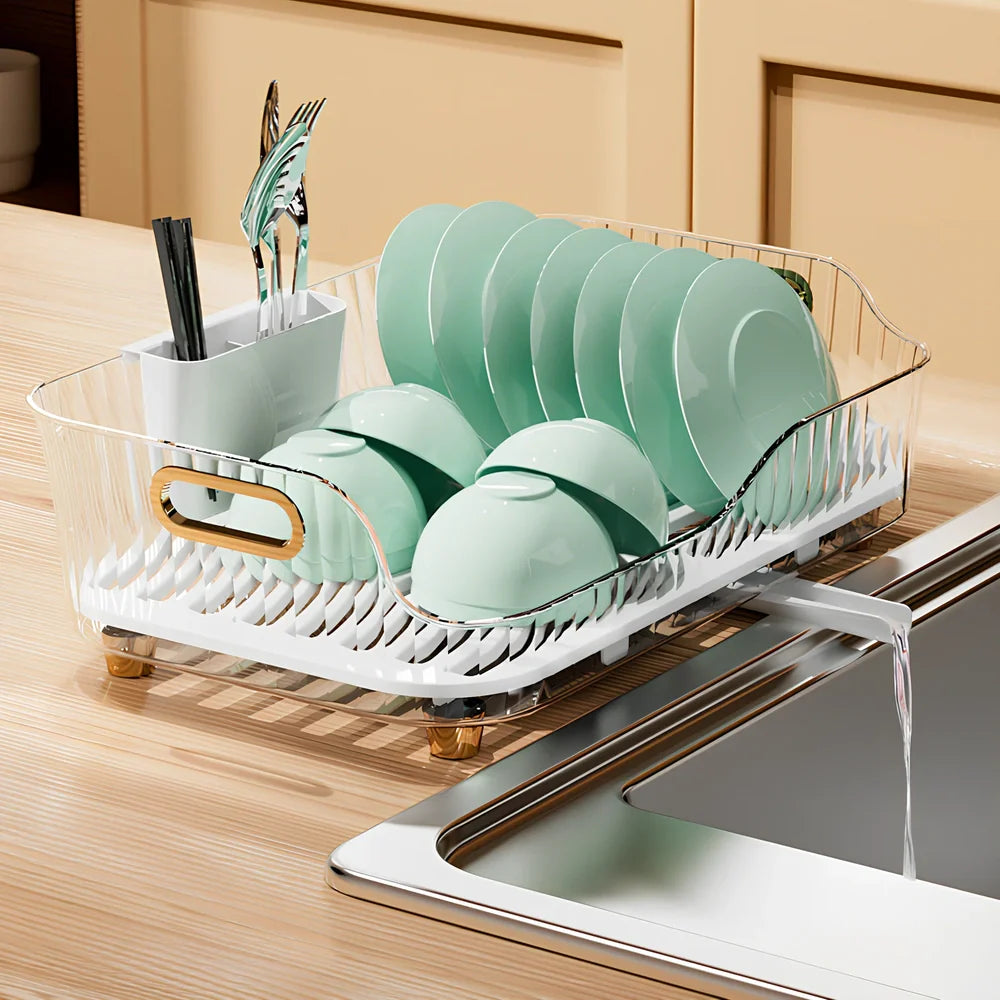 Green PET kitchen dish drain rack with organised shelving and mobile design
